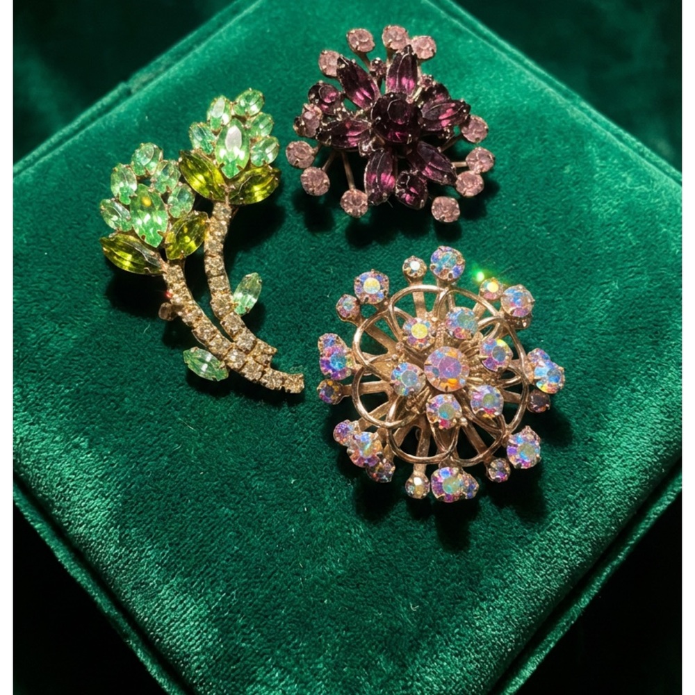 Vintage Brooch Trio with Green and Purple Accents